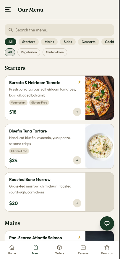 Gala Dining menu design with search, categories, dietary filters, food photos, and item prices.